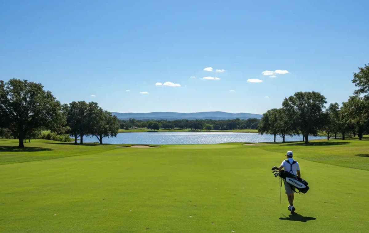 Scenic golf course green at sunset